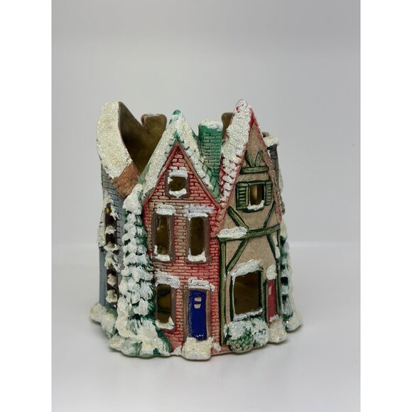 VTG Snowy Village Christmas Holiday Candle Holder Home Decor Glitter Flock - Picture 1 of 6